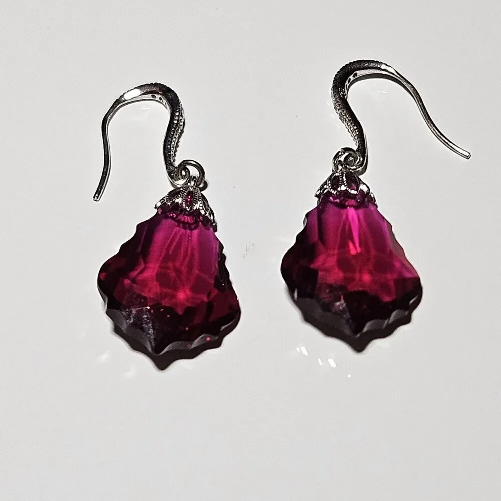 Vtg Sterling Silver Earrings Crystal Ruby Baroque Clear Crystal Accents